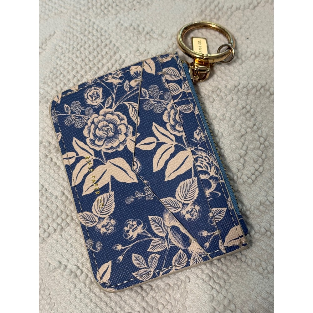 Rifle Paper Co Floral Card Holder ID Wallet Blue Gold Key Ring Zipper Pouch - Picture 3 of 4